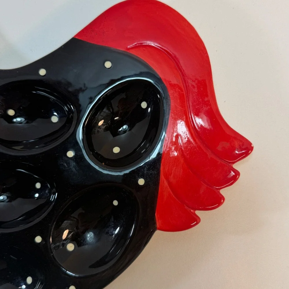 Rooster Deviled Egg Platter LTD Commodities Black Red Polka Dot Ceramic Deviled